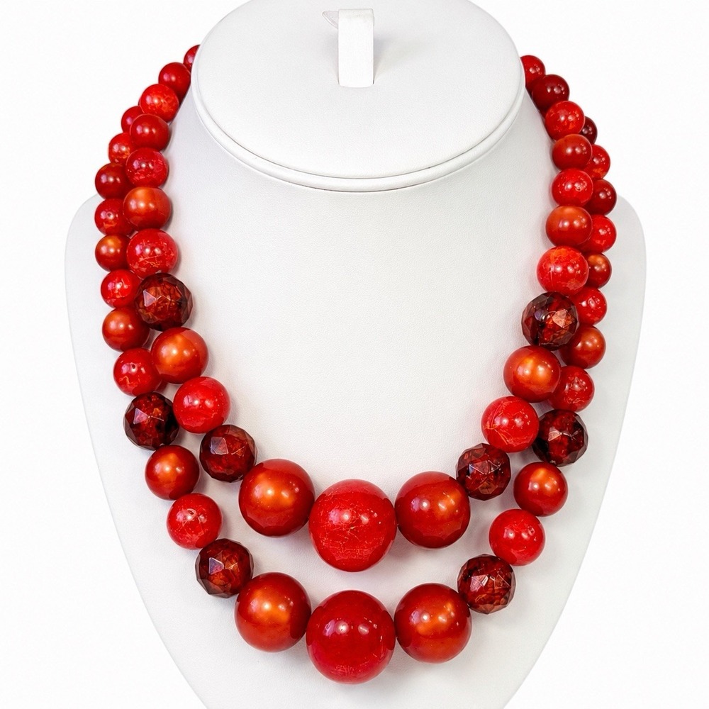 VTG Red Orange Lucite Bead Necklace Double Strand Chunky Statement Jewelry MCM